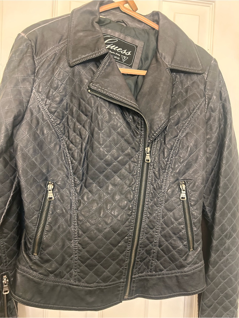 Guess Women's Quilted Black Leather like Moto Jacket